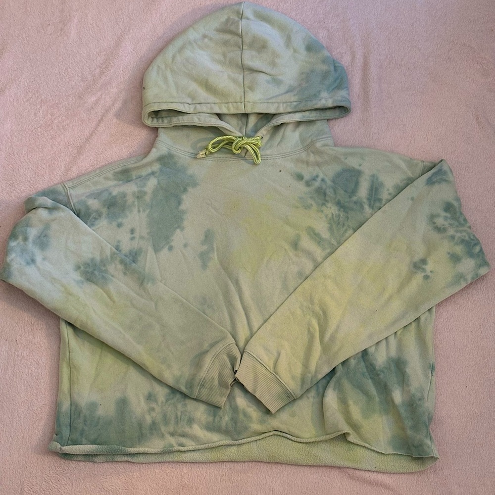 Blue and Green tie dye cropped hoodie with neon green strings